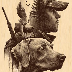 Op de afbeelding: Sepia-getinte illustratie van een jager met een hond en een hert in een boslandschap. De jager draagt een pet en heeft een geweer. De hond is een Weimaraner. De achtergrond toont bomen en vogels.