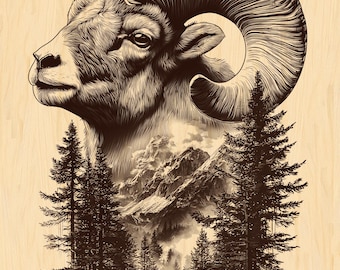 Bighorn Sheep Double Exposure PNG | Mountain Wilderness Engraving File | Rustic Totem Animal Clipart | Laser Ready Digital Art