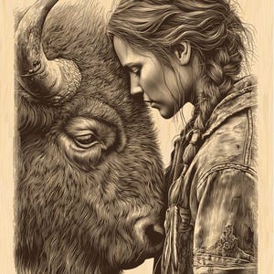 May include: Sepia-toned illustration of a woman with braided hair leaning against a bison. The woman is wearing a jacket with detailed stitching. The bison's eye and horn are visible, with intricate fur detailing.