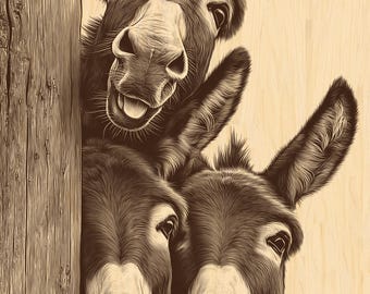 Funny Donkey Trio Wood Engraving PNG | Rustic Farmhouse Wall Art | Western Barn Decor | Laser-Ready High Resolution File