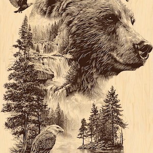Może przedstawiać: Szczegółowa ilustracja w odcieniach sepii przedstawiająca profil niedźwiedzia, z wodospadem i sceną leśną zintegrowaną z jego formą. Orzeł szybuje nad nim, a drugi siedzi w pobliżu jeziora. Grafika jest na jasnym tle z usłojeniem drewna.
