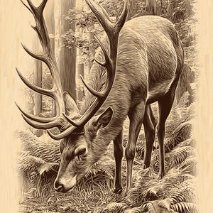 Puede incluir: Ilustración en tonos sepia de un ciervo en un entorno forestal. El ciervo, con grandes astas, pasta entre helechos y hierba. El fondo presenta un bosque detallado con árboles altos.