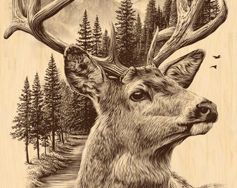 May include: A detailed illustration of a deer with large antlers, set against a backdrop of a mountain range and a forest. The artwork is rendered in shades of brown and tan, creating a rustic, outdoorsy aesthetic. Two birds are flying in the sky.