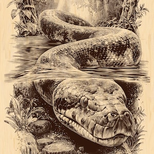 以下が含まれることがあります： ジャングルの環境にいる大きなヘビの詳細なイラスト。ヘビは水中に部分的に沈んでおり、頭と体が見えます。アートワークは茶色とタンの色合いで、複雑なディテールが施されています。