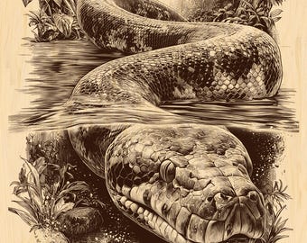 Anaconda Engraving PNG | Jungle Serpent Wildlife Art | Snake Woodcut Laser Ready File | Rustic Exotic Digital Download