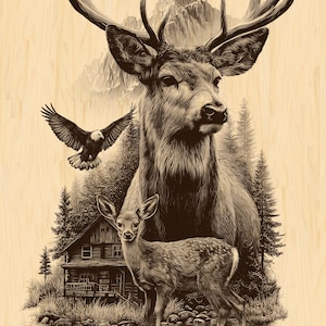 May include: A sepia-toned illustration of wildlife, featuring a large deer with prominent antlers, a smaller deer, and an eagle in flight. A cabin and mountain range are in the background, creating a nature-themed artwork.