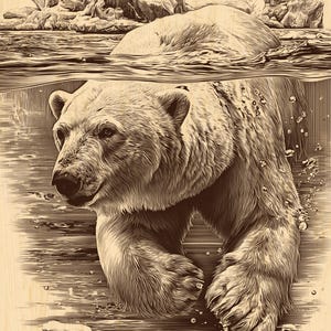 May include: A detailed illustration of a polar bear swimming in the ocean. The bear is partially submerged, with its head and paws visible. Icebergs are in the background. The artwork is in shades of brown and beige.