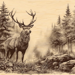 May include: Sepia-toned illustration of a stag with large antlers in a forest clearing. The artwork features detailed shading, showcasing the deer's fur and the surrounding trees and foliage. The background depicts a misty forest.