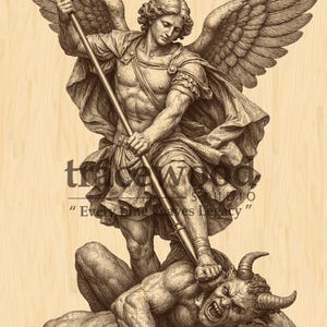 Op de afbeelding: Een sepia-getinte illustratie toont een engel met grote vleugels, die een speer vasthoudt en boven een gehoornde demon staat. De engel is gekleed in klassieke kleding. De afbeelding bevat de tekst "Travel Wood" en "Every Divine Leaves Legacy."