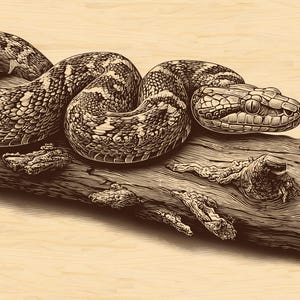 May include: Detailed illustration of a snake coiled on a weathered log. The snake has a patterned, textured skin in shades of brown and tan. The log is also brown with visible wood grain and small branches.
