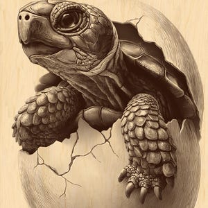 Może przedstawiać: Szczegółowa ilustracja w sepii przedstawiająca żółwia wychodzącego z pękniętego jaja. Widoczna jest głowa i przednie nogi żółwia, z teksturowaną skórą i pazurami. Jajo jest duże, z pękniętą skorupą, na tle jasnego drewna.
