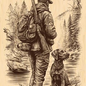 May include: Detailed illustration of a hunter with a rifle and backpack, standing near a river with a hunting dog. The hunter is wearing a jacket, cap, and boots. The dog is sitting and looking up. The background features trees and a forest.