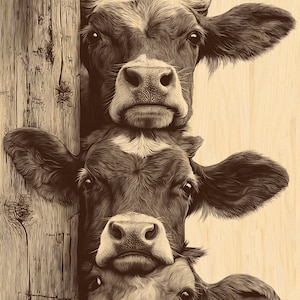 May include: A sepia-toned illustration features three cows stacked vertically, each with a portion of their face visible. The cows are positioned against a wooden post and a light-colored background, creating a rustic aesthetic.