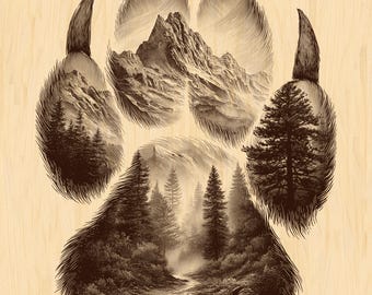 Grabado de pata de oso en la montaña PNG / Diseño de tótem de naturaleza salvaje / Archivo digital de grabado en madera con láser y CNC