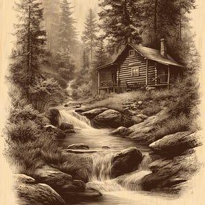 May include: Sepia-toned illustration of a cabin nestled in a forest. A small wooden cabin with a porch and chimney sits among tall pine trees. A stream flows through the foreground, with birds flying overhead.