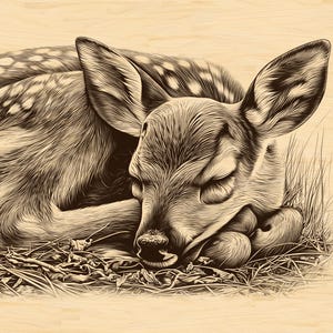 Pode incluir: Ilustração em tons sépia de um veado a dormir, aninhado numa cama de relva e raminhos. O pelo manchado e os olhos fechados do veado transmitem uma sensação de paz. A obra de arte está sobre um fundo claro de grão de madeira.
