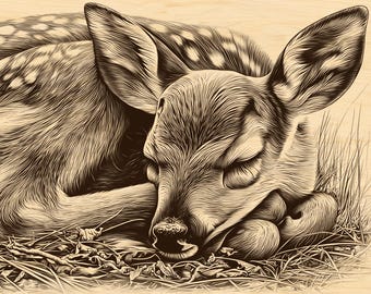 Sleeping Fawn Engraving PNG | Woodland Deer Baby Laser Engraving File | Rustic Wildlife Art for Wood and Slate Engraving