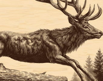 Leaping Deer Engraving PNG | Majestic Forest Wildlife Art | Rustic Laser Engraving File for Wood & Slate Decor