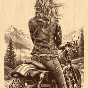 Könnte beinhalten: Illustration einer Person auf einem Motorrad, von hinten gesehen, mit langen, wehenden Haaren. Die Person trägt eine Lederjacke und Jeans. Das Motorrad steht vor einer Berglandschaft mit Bäumen.
