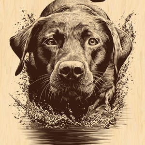 Peut inclure: Illustration sépia d'un Labrador Retriever sortant de l'eau, créant des éclaboussures. L'expression concentrée du chien et les gouttelettes d'eau ajoutent au dynamisme de la scène. Le fond est un grain de bois clair.