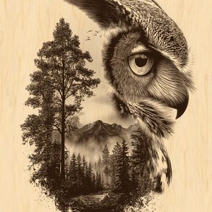 Op de afbeelding: Sepia-getinte illustratie van een uilenprofiel en een boslandschap. Het oog van de uil is een blikvanger, en het bos omvat bomen, bergen en een meer. De achtergrond heeft een houtnerftextuur.