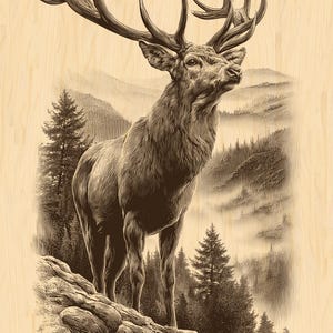 May include: A detailed sepia-toned illustration of a stag with large antlers, standing on a rocky outcrop. The background features a misty forest and mountains, creating a serene woodland scene. The artwork is rendered with fine lines.