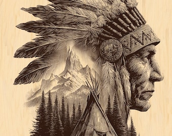 Native Tribal Chief Engraving PNG | Tribal Chief with Tipi | Spiritual Wilderness | Western Rustic Wall Art |  Digital File for Laser