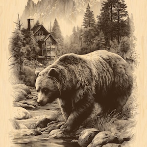 Grizzly Bear Cabin Engraving PNG | Mountain Wildlife Wall Art | Rustic Nature Clipart | Laser Ready Digital File