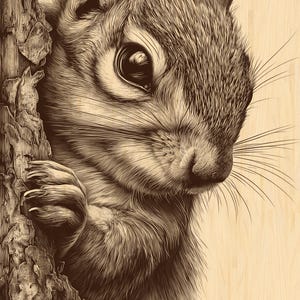 Può includere: Illustrazione seppia dettagliata di uno scoiattolo che sbuca da dietro un albero. La pelliccia dello scoiattolo è meticolosamente resa, con un focus sull'occhio e sui baffi. L'opera d'arte ha uno stile vintage, xilografia.
