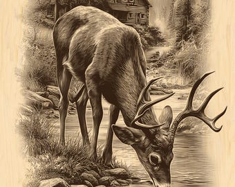 Deer Drinking River PNG – Rustic Cabin Scene Laser Engraving File for Wood, Slate, Metal | Peaceful Wildlife Woodland Digital Art