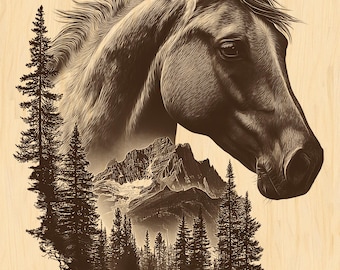 May include: A sepia-toned illustration of a horse's head, with a mountain and forest scene superimposed within its form. The artwork features detailed linework, creating a textured effect. The background is a light wood grain.