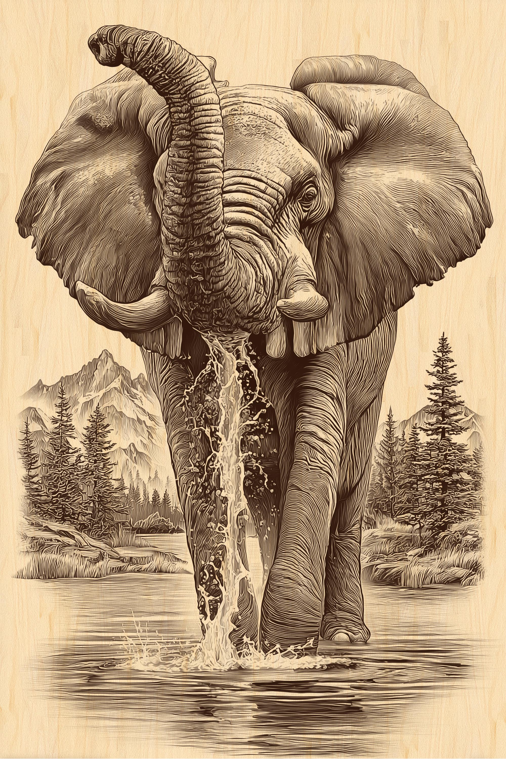 Elephant Splashing Water Engraving PNG | Powerful Wildlife Wall Art ...