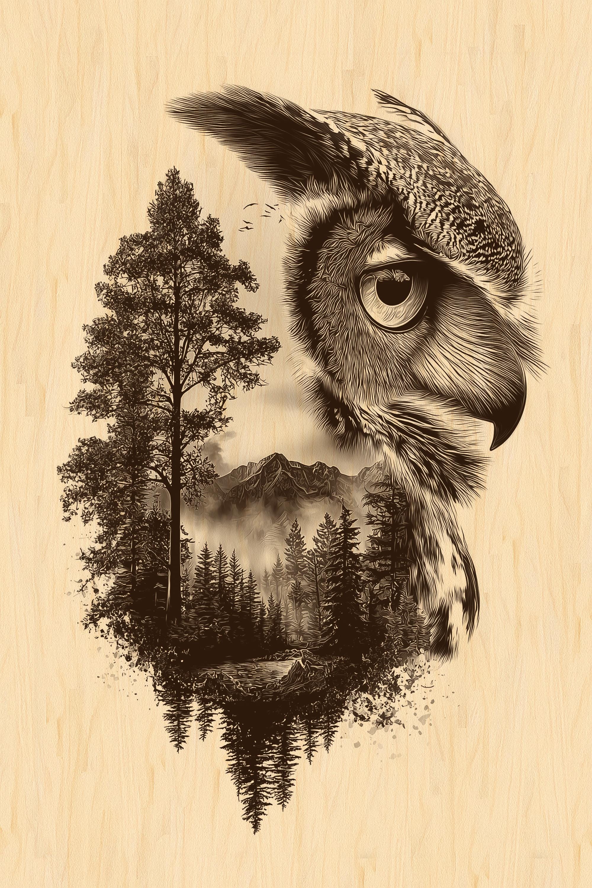 Owl Double Exposure PNG for Wood Engraving – Forest Animal Rustic Wall Art, Wildlife Digital D