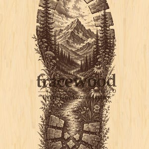 May include: Sepia-toned illustration of a boot print with a mountain landscape inside. The design features a path leading to a mountain range, surrounded by trees and flowers. The word "framewood" is visible.