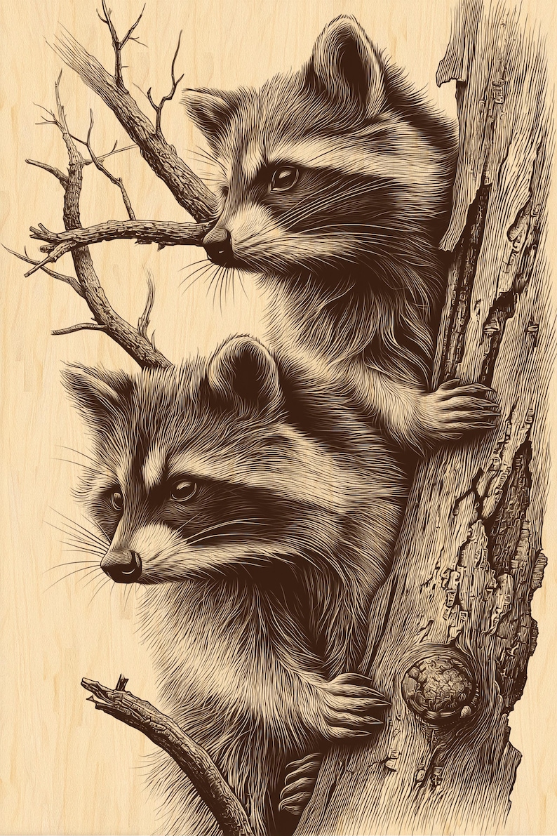 Rustic Raccoon Two Raccoons Engraving PNG | Rustic Woodland Animal Art | Wildlife ...