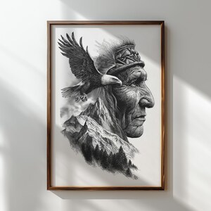 Native profile fused with soaring eagle and forest scenery.
Spiritual laser-ready artwork with ancestral symbolism.
Rustic clipart of wise elder and eagle for wood engraving.