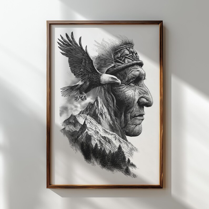 Native profile fused with soaring eagle and forest scenery.
Spiritual laser-ready artwork with ancestral symbolism.
Rustic clipart of wise elder and eagle for wood engraving.