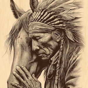 Native Elder with Horse PNG | Rustic Wood Engraving Design | Spiritual Heritage Artwork | Laser Ready Engraving File