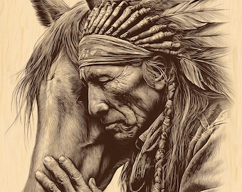Native Elder with Horse PNG | Rustic Wood Engraving Design | Spiritual Heritage Artwork | Laser Ready Engraving File