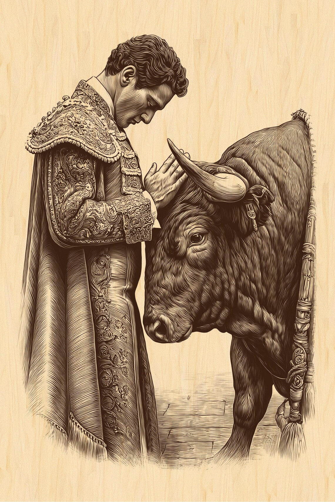 Matador With Bull PNG | Spanish Rustic Wood Engraving Design | Symbolic ...