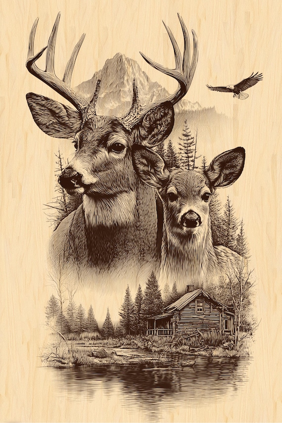Deer Family Cabin Engraving PNG | Wilderness Scene Design | Rustic Laser & CNC Wood Engraving Digital File