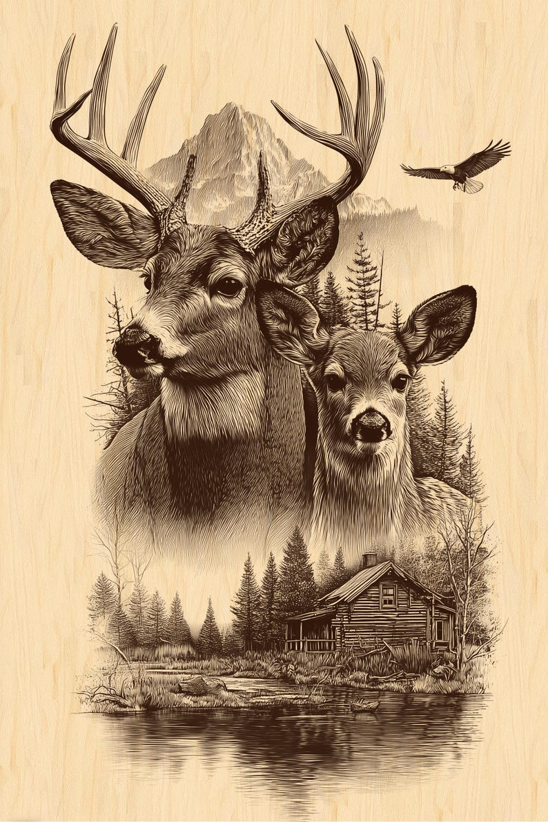 Deer family cabin engraving PNG for laser engraving projects.
Wilderness scene engraving with deer, cabin, and mountain.
Rustic deer engraving PNG for CNC and Glowforge.