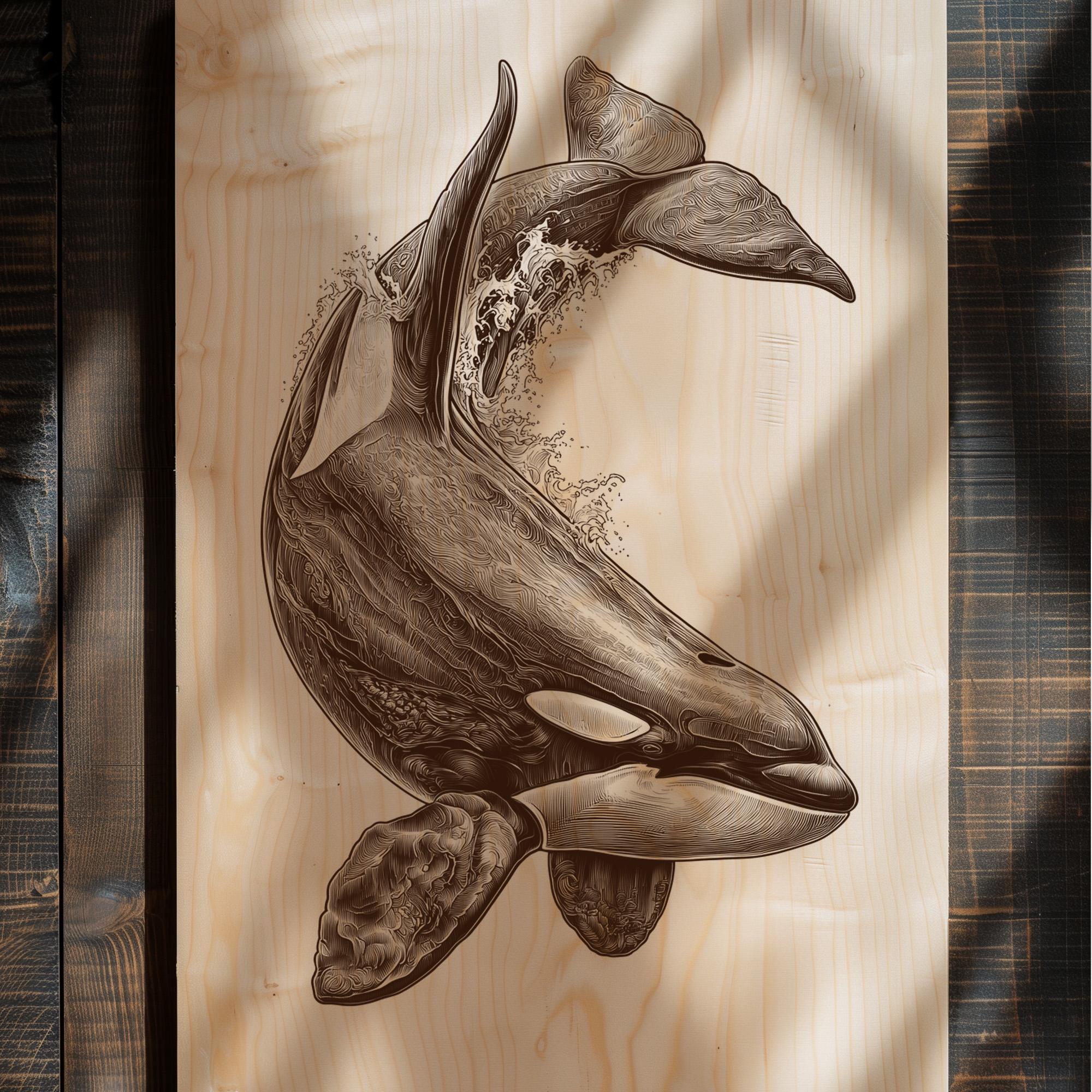 Orca Engraving PNG | Ocean Wildlife Totem Art | Rustic Laser
