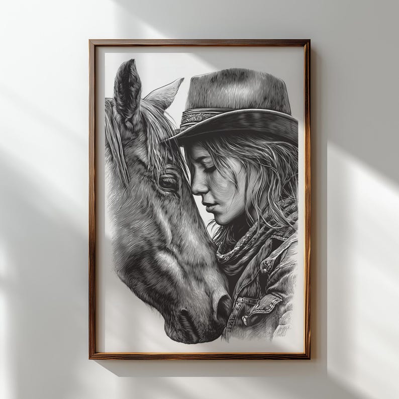 Rustic equestrian artwork for farm décor engraving.
Soulful bond cowgirl horse engraving rustic art.