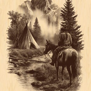Peut inclure: Illustration sépia d'un cowboy à cheval, surplombant un ruisseau et un tipi dans une forêt. Des montagnes et des arbres remplissent l'arrière-plan, créant un thème rustique et occidental.