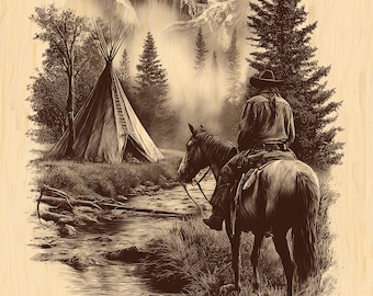 Native Man and Tipi PNG | Wilderness Laser Engraving File | Tribal Landscape Clipart for Glowforge, xTool, and CNC Projects