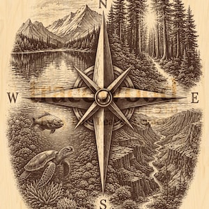 May include: A sepia-toned illustration of a compass rose overlaid on a landscape scene. The scene includes mountains, a lake, a forest, a river, and marine life. The compass points North, South, East, and West.