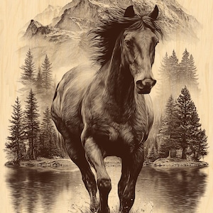 Op de afbeelding: Een sepia-kleurige illustratie van een paard dat door water rent, met een bergketen en dennenbomen op de achtergrond. Het paard is het middelpunt, met gedetailleerde schaduwen en een gevoel van beweging.