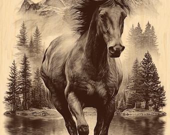 Running Horse PNG | Wild Mustang Engraving Digital File | Rustic Mountain Horse Clipart for Laser Engraving & CNC Projects