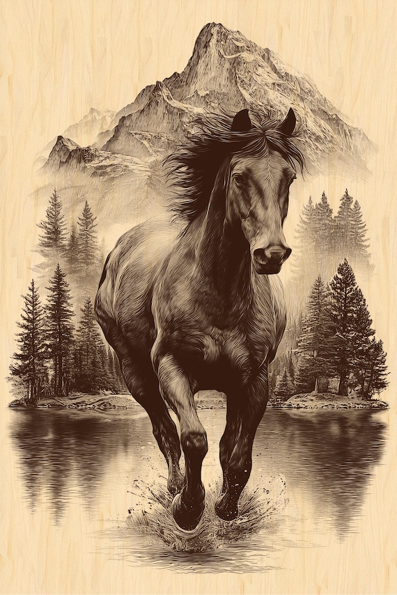 Running Horse PNG | Wild Mustang Engraving Digital File | Rustic Mountain Horse Clipart for Laser Engraving & CNC Projects